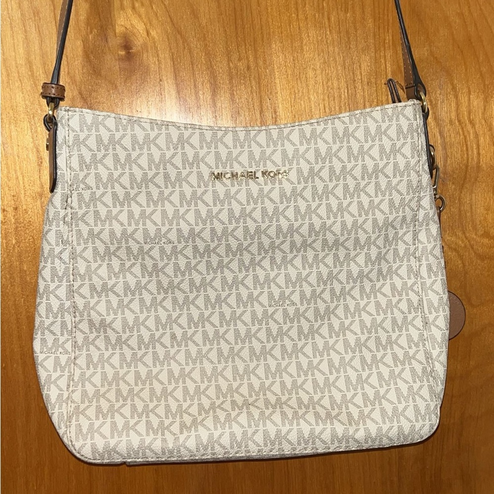 Michael Kors White and Tan Logo Shoulder Bag